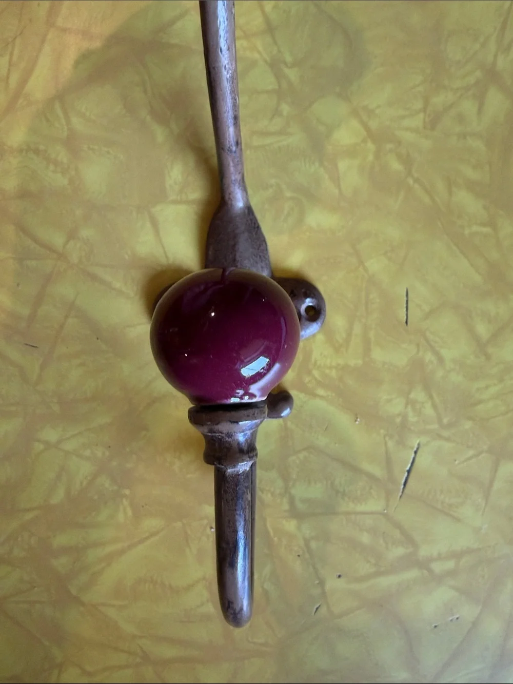 Source Unknown Metal Wall Hook with Deep Red Ceramic Knobs